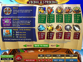 Viking and Striking Slot Paytable Screen